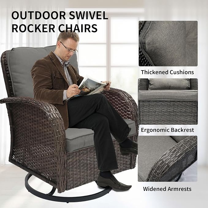 YLGJ&TIDY Outdoor Furniture Swivel Rocker Chairs 3PC Bistro Set 2 Brown Wicker Patio Glider Armchairs with Side Table Cushions Rocking Sofa for Porch Balcony Backyard Deck (Gray, 3PCS Swivel/Table)