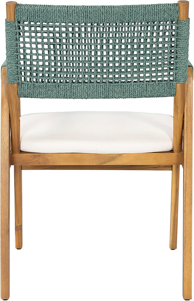 Christopher Knight Home 6-Piece Outdoor Dining Set, Acacia Wood Patio Table with Grey Wicker Bench and 4 Green Wicker Armchairs, Teak Finish, Beige Cushions, Backyard Garden Deck Furniture