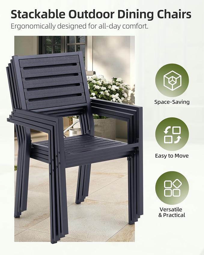 8-Piece Outdoor Dining Set - Two 47.25" HDPE Patio Tables and 6 Stackable Armrest Chairs - All-Weather Rust-Proof Steel Frame for Garden, Deck(Black)