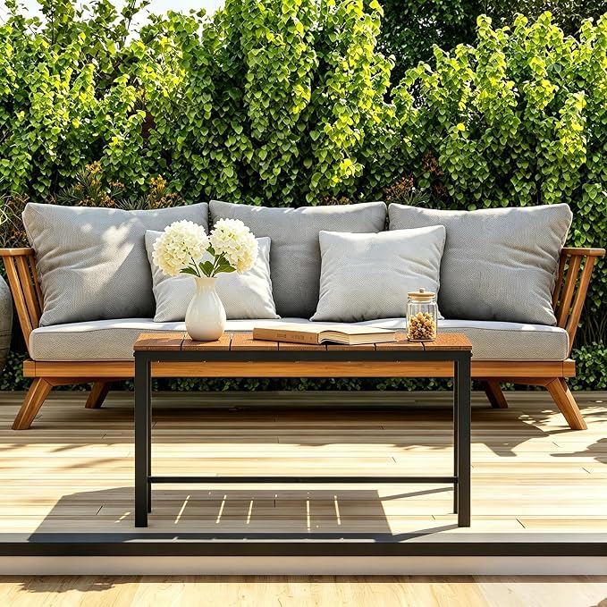 mapleway 33" Rustic Outdoor Coffee Table, Natural Wood Slat Top with Heavy Duty Metal Frame, Weather Resistant Patio Table for Garden Deck Balcony Porch, Simple Assembly, Wood Color