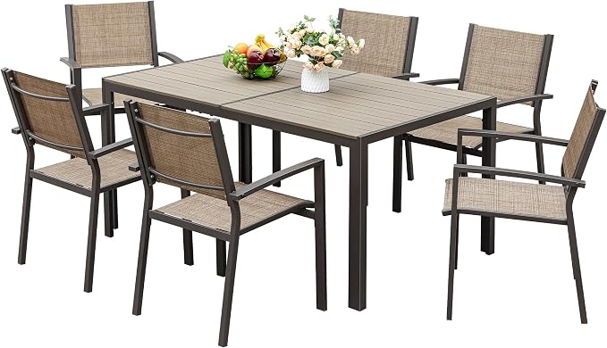 JUMMICO Outdoor Dining Set 7 Piece Patio Furniture Set with Weather Resistant Table and 6 Textilene Chairs for Yard, Deck and Poolside (Brown)
