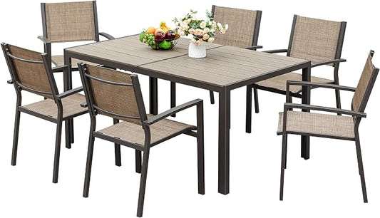 JUMMICO Outdoor Dining Set 7 Piece Patio Furniture Set with Weather Resistant Table and 6 Textilene Chairs for Yard, Deck and Poolside (Brown)