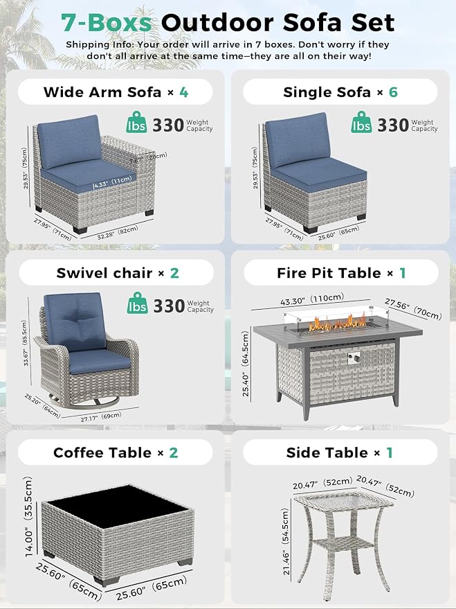 16 Piece Outdoor Wicker Sectional Sofa Set with Swivel Chairs & Fire Pit Table, 12-Seats with 4" Thickened Cushions & Coffee Table, All-Weather PE Rattan for Garden, Backyard, Porch, Blue