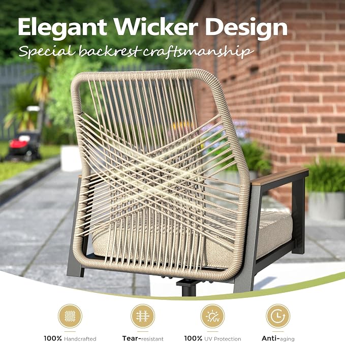 MIXPATIO 9 Pieces Outdoor Patio Dining Set, 57.5" Square Metal Patio Table with Umbrella Hole, 8 x Swivel Rope Rattan Chairs with 3.2" Cushion for Yard, Porch, Beige