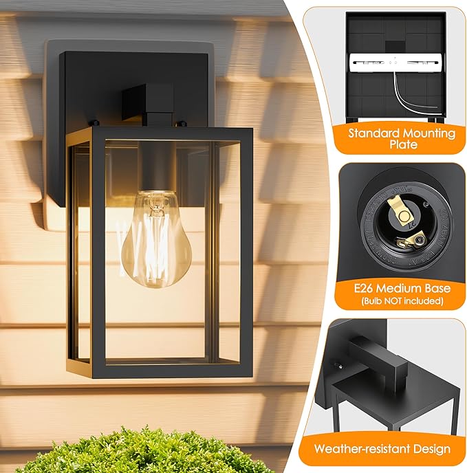 Outdoor Wall Light, Waterproof Exterior Porch Lighting Fixture | 4 Pack, Black, Anti-Rust, Patio Wall Lantern Sconce, E26 Socket Wall Mount Lighting, Front Door Light for Outside Entryway