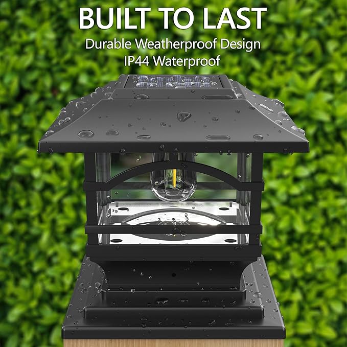 Davinci Edison Solar Outdoor Post Cap Lights, 4x4 5x5 6x6, Metal&Glass, 2PK | Slate Black, fence/deck/garden/patio posts, diecast aluminum & glass, bright 30lm warm white LED, auto-on, 8h, cordless, IP44
