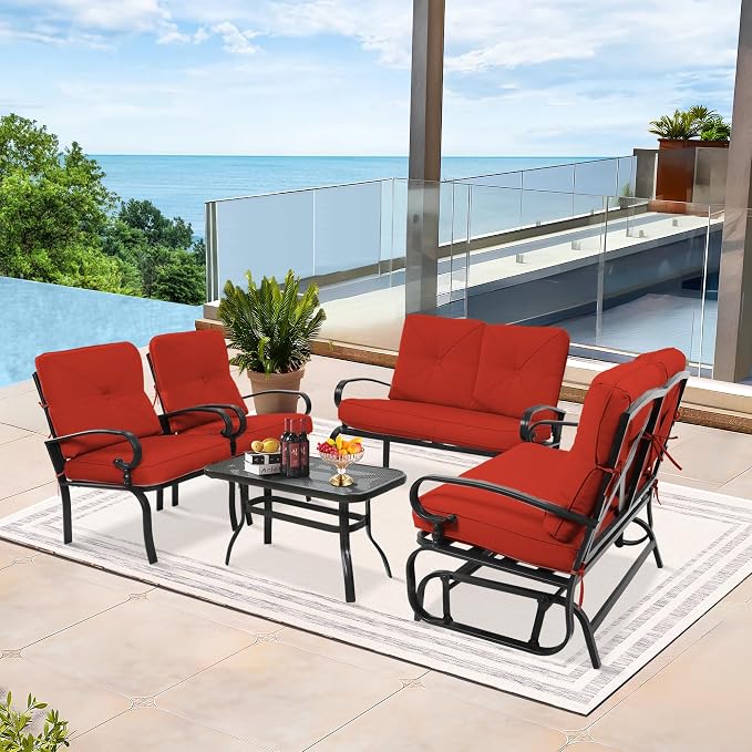 5 Pcs (6 Seats) Metal Outdoor Patio Furniture Conversation Sets, Glider, Loveseat and Coffee Table, 2 Lounge Chairs with Cushions (Red)
