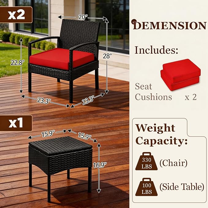 PROHIKER 3 PCS Patio Rattan Conversation Bistro Chairs Set, Outdoor Patio Furniture Wicker Bistro Set with Coffee Table for Garden Porch Balcony Yard Lawn, Red