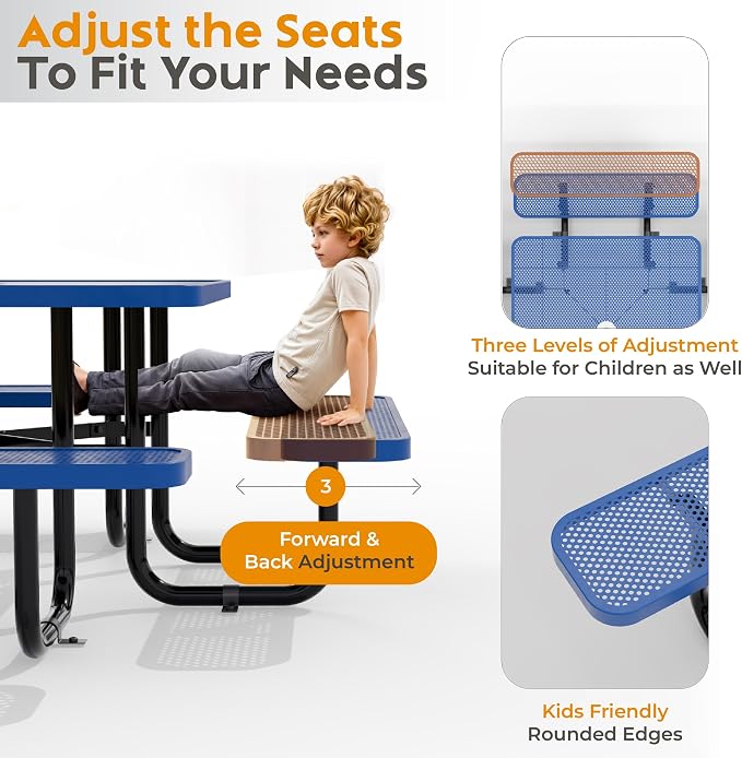 Metal Picnic Tables for Outdoors with Umbrella Hole - Coated Steel Heavy Duty Commercial Grade Furniture (Blue, 46 in, Square, Punched Steel)