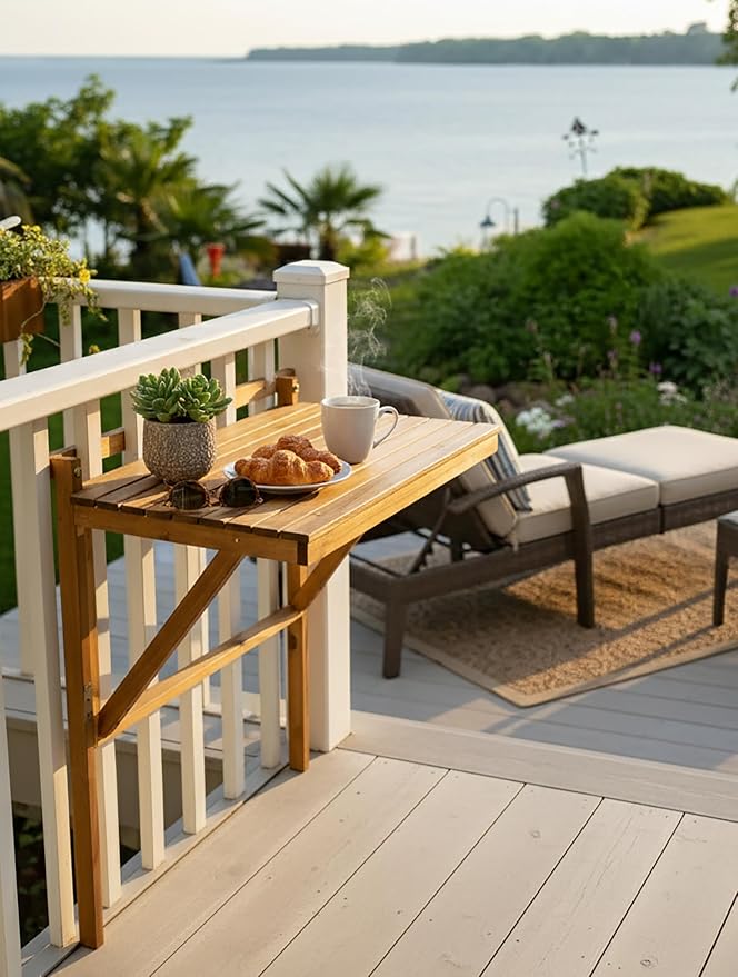 Patio Wise Outdoor Folding Balcony Table, Foldable Acacia Wood Deck Bar, Portable Apartment, Balcony, Railing, & Porch Furniture, 27-Inches W x 15 3/4-Inches D x 31.97-Inches H, Teak