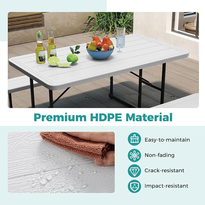 Byroce Outdoor Picnic Table for 4 Person, Rectangular Picnic Camping Table Set with Long Benches, Umbrella Hole & Metal Frame, Heavy Duty HDPE Dining Table Chairs for Patio, Yard & Poolside (White)