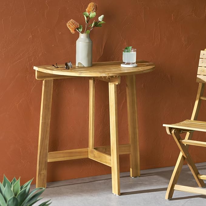 Outdoor Foldable Acacia Bistro Table, Half-Round Wall-Mounted Patio Dining Set, Natural Finish