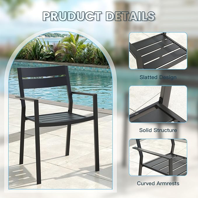 VICLLAX Patio 5 Pieces Outdoor Dining Set for 4, Wrought Iron Metal Outdoor Table and Chairs Set, 38" Square Table with Umbrella Hole and 4 Stackable Chairs for Lawn, Garden, Porch, Grey/Black