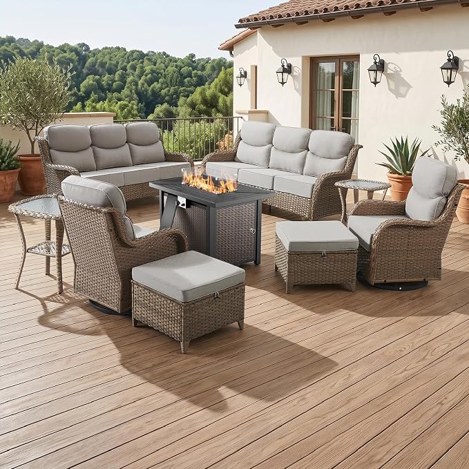 Luxury 6" Thick Cushion 9 Pieces Wicker Patio Furniture Set with 41”Fire Table, Outdoor Conversation Set with Patio Couch and Swivel Rocker Chairs for Deck Porch Yard and Poolside