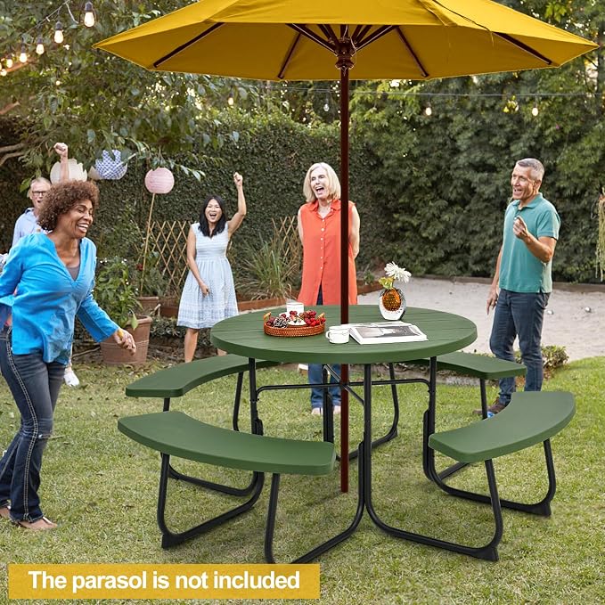 Round Picnic Table for 8 Person, Outside Table Bench Set w/ 4 Built-in Benches, Umbrella Hole, HDPE Top & Metal Frame, 2000LBS Capacity Outdoor Picnic Table for Garden, Porch, Patio (Green)