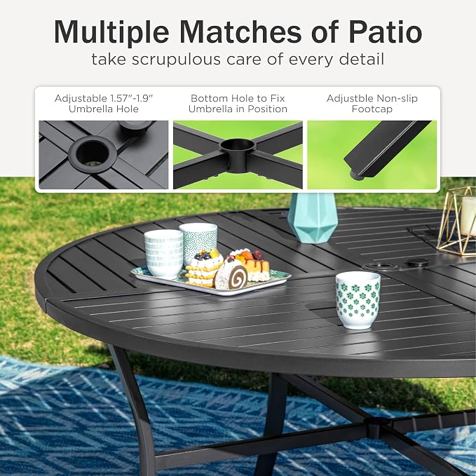 PHI VILLA 5-Piece Outdoor Dining Sets, All-Weather Patio Table and Chairs Set for 4, Heavy Duty Patio Round Table Set for Deck, 4 Extra Large Outdoor Metal Wicker Dining Chairs with Thick Cushions
