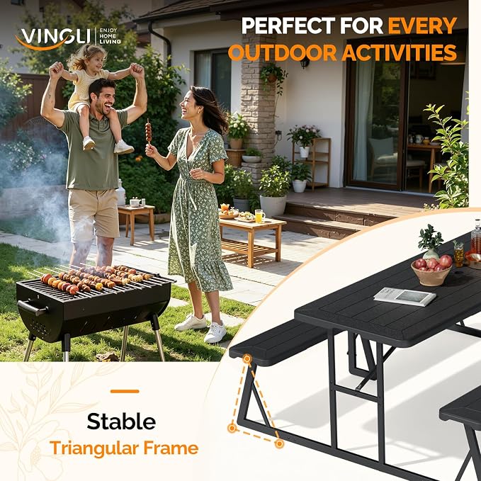 VINGLI Outdoor Picnic Table with Umbrella Hole, 6FT All Weather Metal Frame HDPE Tabletop Plastic Picnic Table for Dining Party Garden(Black)
