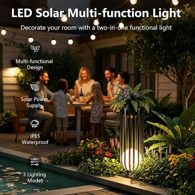 Solar Powered Patio End Table,LED Sphere Light, Remote & Detachable Solar Panel,All Weather Resistant Plant Stand for Backyard Outdoor Decor