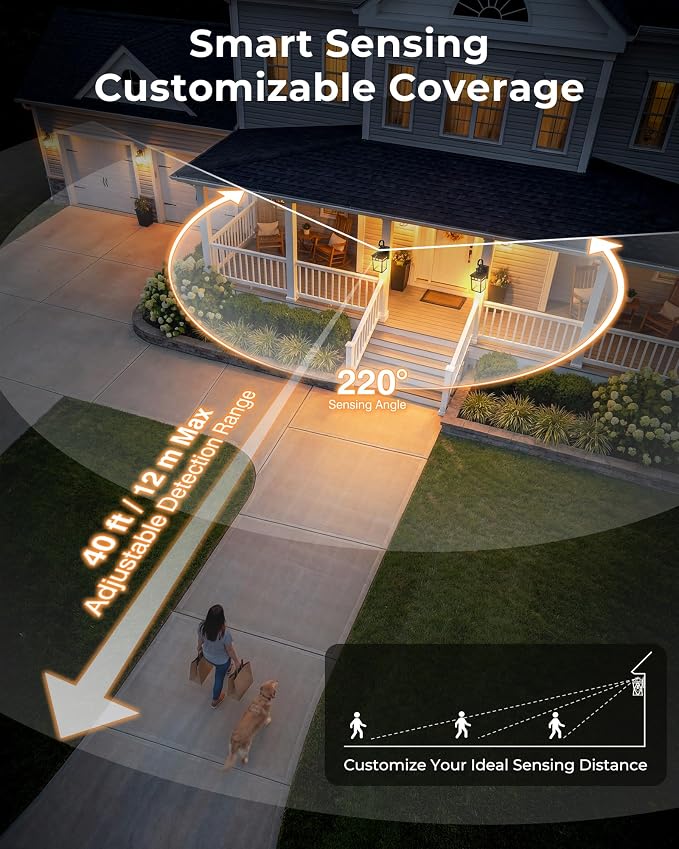 Gleamz Adjustable Time & Distance Outdoor Light with GFCI Outlet, 2 Pack Motion Sensor Outdoor Light Fixture, Black Dusk to Dawn Outdoor Lights for House, Patio, Garage, Waterproof, Aluminum