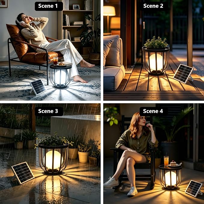 Solar LED Outdoor Side Table 2-Pack, Built-in Glowing Sphere, Remote Control & Detachable Solar Panel,Waterproof Rustproof Metal Floor Lamp for Patio Garden Balcony