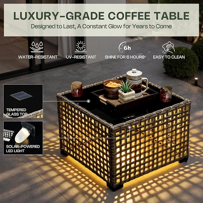 11 Piece Patio Furniture Set Outdoor Sectional with 54" Fire Pit Table, Swivel Rocking Chairs and L-Shaped Rattan Couch, Modular Conversation Set with Solar Coffee Table for Deck, Denim Blue
