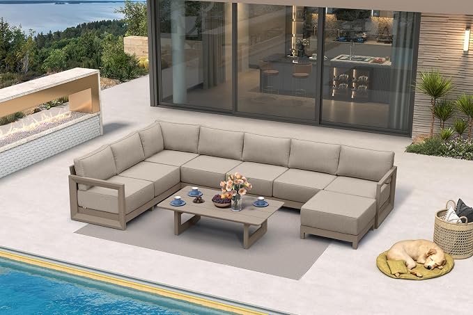 PURPLE LEAF Patio Furniture Set U-Shaped Outdoor Couch with 9.6" Thick Cushion and Soft Pillows 9 Piece Outdoor Sectional Sofas with Table Modern Outdoor Conversation Sets for Yard Porch Deck, Khaki