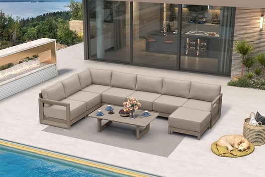 PURPLE LEAF Patio Furniture Set U-Shaped Outdoor Couch with 9.6" Thick Cushion and Soft Pillows 9 Piece Outdoor Sectional Sofas with Table Modern Outdoor Conversation Sets for Yard Porch Deck, Khaki
