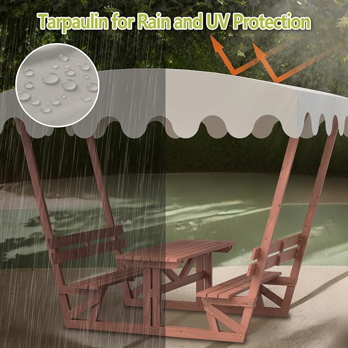 Wood Outdoor Picnic Table Bench Set, Wooden Dining Table Set with 2 Built-in Benches for 4-6 Adults, All-Weather Patio Table and Bench Set with Detachable Sunshade Canopy for Front Porch Lawn Garden