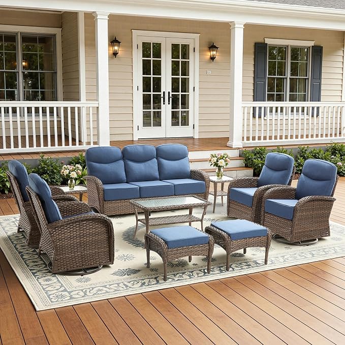 10-Piece Luxury Patio Furniture Set with 6-Inch Thick Cushions, High-Back Outdoor 4 Swivel Rocking Chairs with Wicker Coffee Table, All-Weather Conversation Set for Porch, Deck, Yard or Poolside Blue
