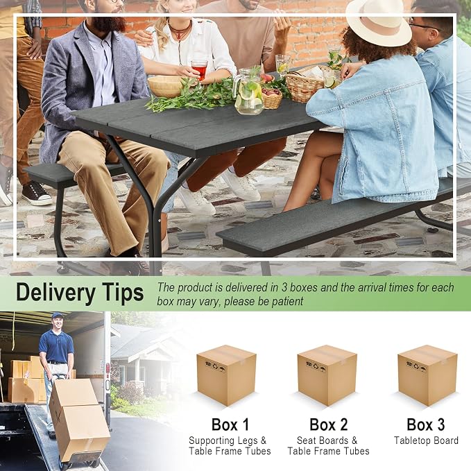Tangkula 6 Ft HDPE Picnic Table, Plastic Picnic Table with 2 Benches, Umbrella Hole, Heavy-Duty Metal Frame, 8 Adjustable Foot Pads, 6-8 Person Outside Table Bench Set, 2550 lbs Capacity