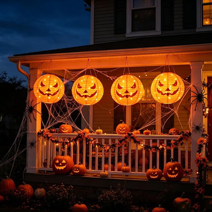 HUGSVIK 4Pcs Solar Pumpkin Lights Outdoor Hanging Halloween Decorations | 12-Inch Jack O Lantern, 160 LEDs & 8 Modes, Waterproof Outdoor Halloween Lights for Yard Porch Trick-or-Treat Party