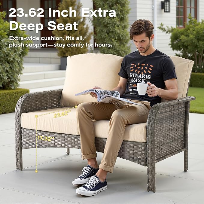 8 Pieces Patio Conversation Sets,Patio Furniture Set with Swivel Rocking Chairs,Coffee Table, Side Table, All Weather Rattan Wicker Outdoor Sectional Furniture Set for Porch Balcony Backyard Beige