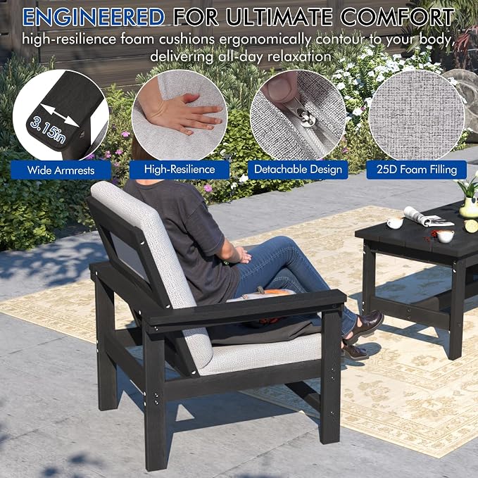 7-Piece HDPE Patio Furniture Set, All-Weather Outdoor Sectional Sofa Set w/Coffee Table+Side Table - Wood-Like Composite Conversation Couch for Deck, Lawn, Balcony - Black Frame with Cushion