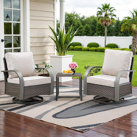 Belord Outdoor Swivel Rocker Patio Chairs Set of 2, 3 Piece Wicker Patio Bistro Set with Metals Side Table and Comfort High Back 4" Cushion Outdoor Patio Glider Chair for Balcony Deck Porch