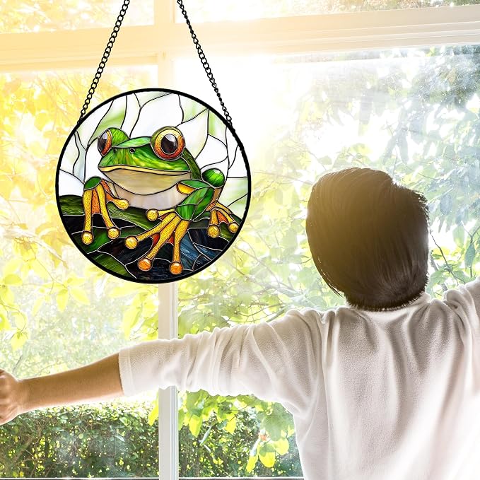 DASTOLL Stained Glass Window Hanging, Green Frog White Petals Sun Catchers Colorful Glass Panel Cute Suncatcher Decor for Birthday for Women, Men, Wife, Aunt, and Mom 11.8x11.8 in