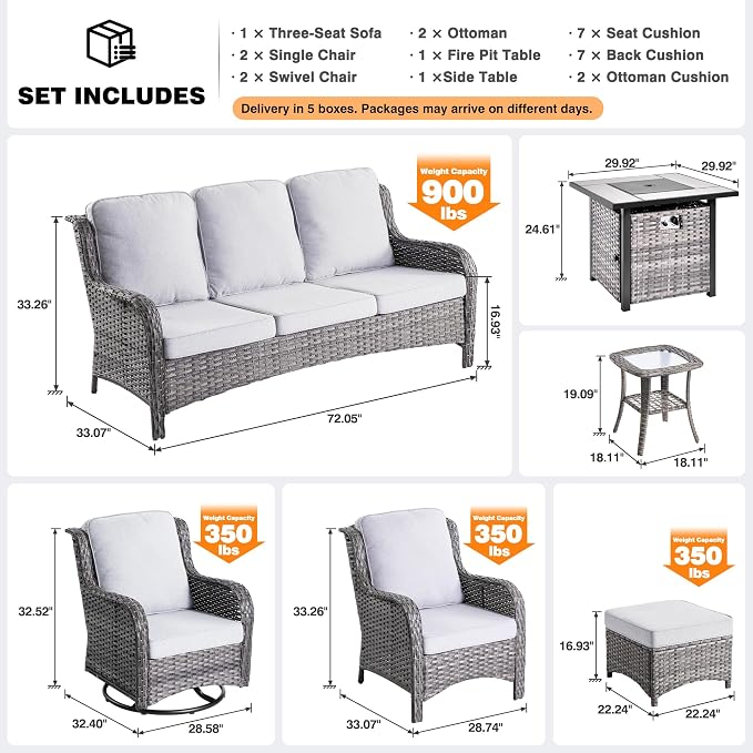 ovios 9 Pieces Patio Furniture Set with 30 inch Fire Pit Table, Outdoor Wicker Sofa Couch Swivel Rocking Glider Chairs, Modern Luxury Conversation Set, Grey Wicker, Grey