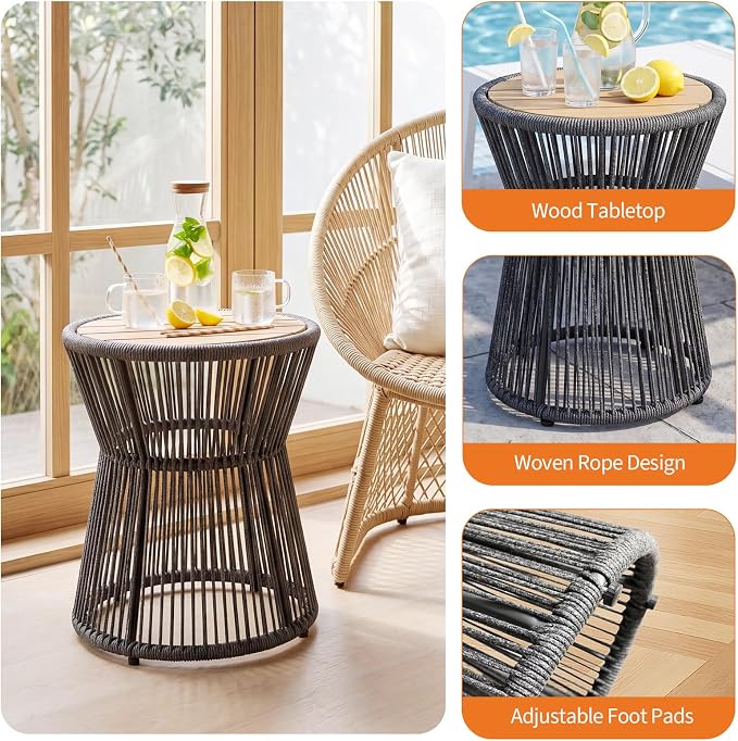 TrailBlaze Modern Woven Rope Outdoor Side Table – Round Patio End Table with Gray Rope and Natural Wood Top – Compact Accent for Balcony, Backyard, Poolside – Gray + Natural Wood, Diameter 16in Height