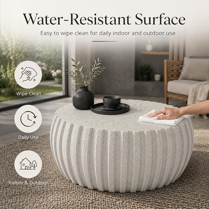 35.43" Round Outdoor Coffee Table - Waterproof MgO Cement Design, Durable Concrete Coffee Table for Patio, Garden, Living Room