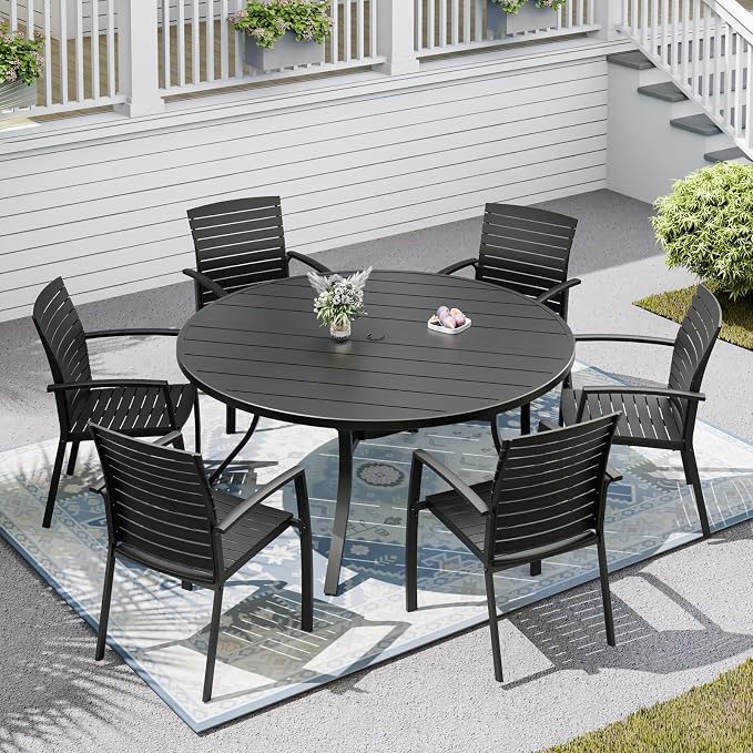 Patio Dining Set, 54" Outdoor Metal Table and 6PCS Aluminum Chairs | Round Patio Table, 1.6" & 1.9" Adjustable Umbrella Hole, Patio Dining Chair with Resin Seat and Aluminum Frame