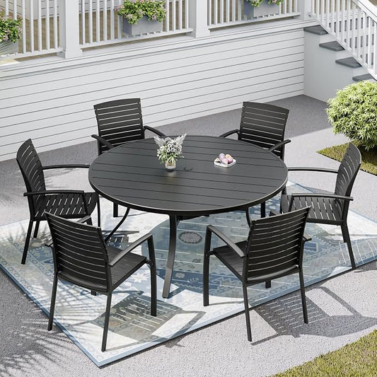 Patio Dining Set, 54" Outdoor Metal Table and 6PCS Aluminum Chairs | Round Patio Table, 1.6" & 1.9" Adjustable Umbrella Hole, Patio Dining Chair with Resin Seat and Aluminum Frame