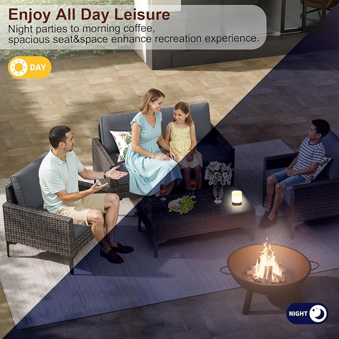 JOYURE 4-Piece Patio Furniture Set,Outdoor Wicker Patio Conversation Set with Tempered Glass Table,All-Weather Rattan Sectional Loveseat&Chairs with Thick Cushions for Garden,Deck,Backyard-Grey