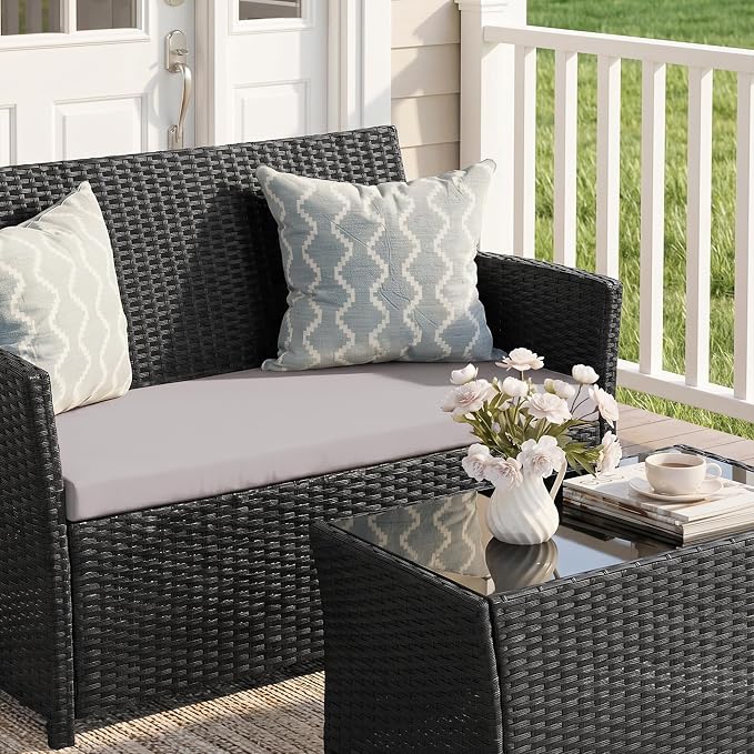 FHFO 4 Piece Outdoor Wicker Patio Furniture Set, Black/Light Grey | Sectional Sofa | All-Weather Hand-Woven Rattan | Tempered Glass Coffee Table | Durable Fabric | Indoor & Outdoor Use