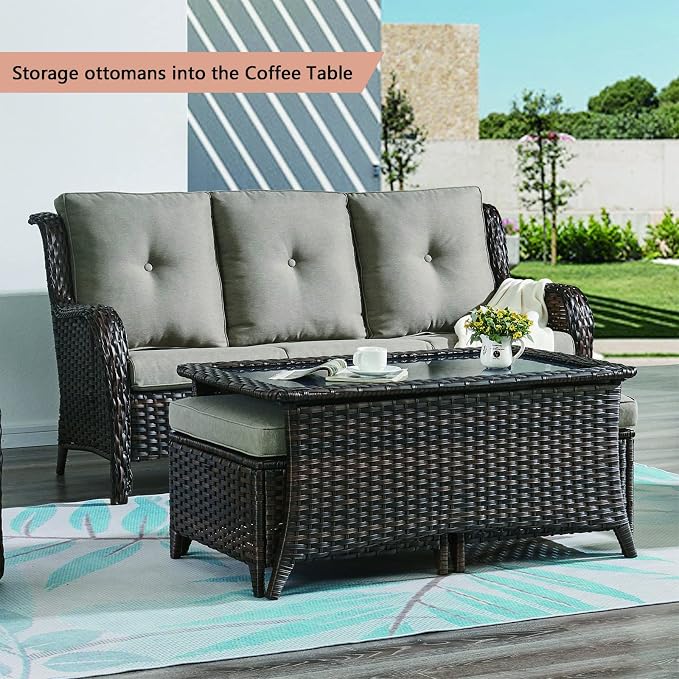Patio Table Outdoor Coffee Tables - Rattan Wicker Coffee Table with Glass Top and 2-Tier Storage Shelf Rectangle for Outdoor Patio Porch Deck Balcony Garden(Brown/Glass Top)