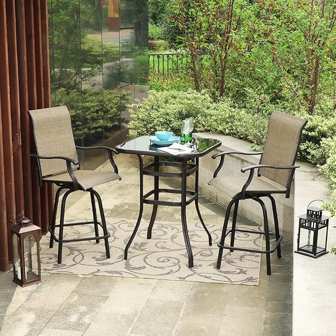 PHI VILLA Outdoor Bar Table, Bar Height Tall Patio Bistro Table, Metal Frame Tempered Glass Table High Top (Black)