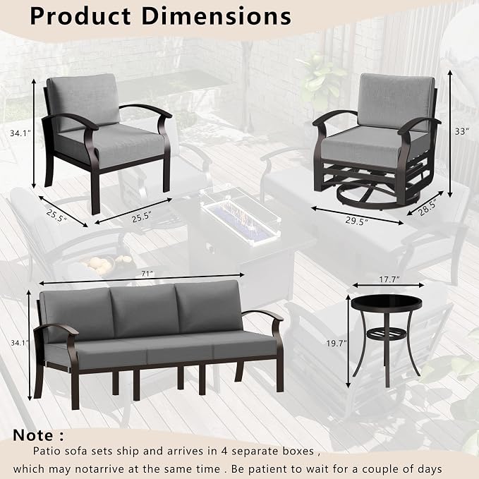 Patio Furniture Set 6-Piece Aluminum Armrest Sofa, All-Weather Patio Conversation Set with Tempered Glass Top Table & Removable Sponge Cushions for Backyard Poolside