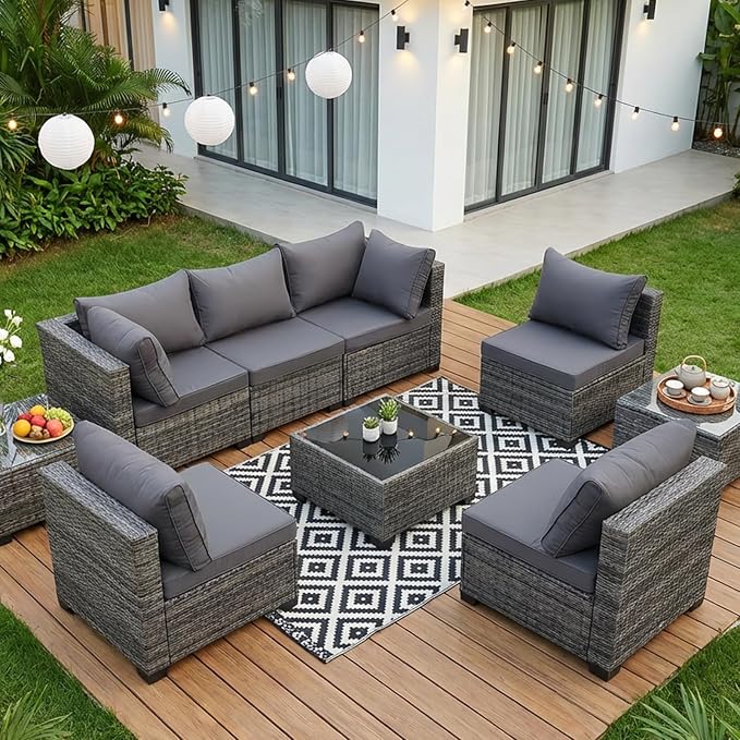7 Piece PE Rattan Sectional Patio Furniture Set, Gray | All Weather Outdoor Conversation Sofa Set with Coffee Table & Thick Cushions, Ideal for Backyard Porch Garden