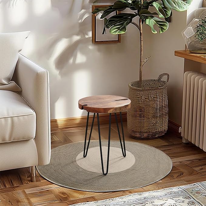 Round Teak Wood Side Table 15" x 15" x 20.4" H Vintage Wooden Slab Coffee Live Edge Tables Solid Wood Rustic Plant Stand Accent End Tables Living Room Patio Bedroom Nightstand