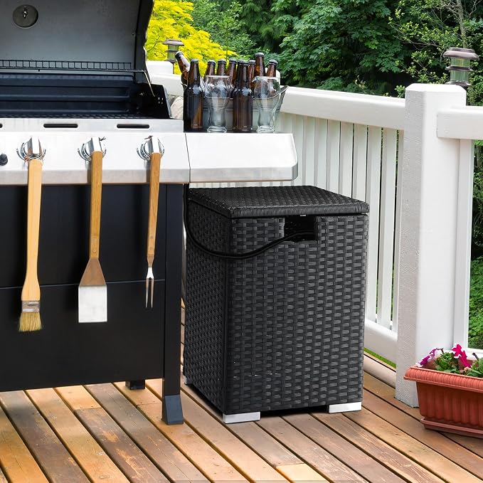 22.4in Outdoor Rattan Side Tables,Iron Frame Gas Bottle Storage Bin,Waterproof Patio Coffee Side Tables,All-Weather PE Wicker End Table,with Lid,for Garden Porch Poolside Deck Backyard (Black)