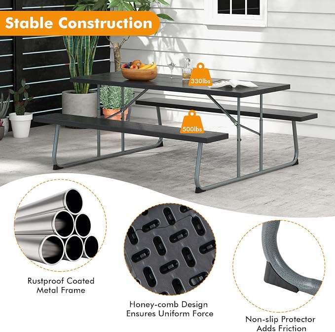 Tangkula 6 Ft Folding Picnic Table, Outdoor 8 Person Large Picnic Table Set with 2 Built-in Benches, Umbrella Hole, Metal Frame & HDPE Tabletop for Garden, Backyard (Black)