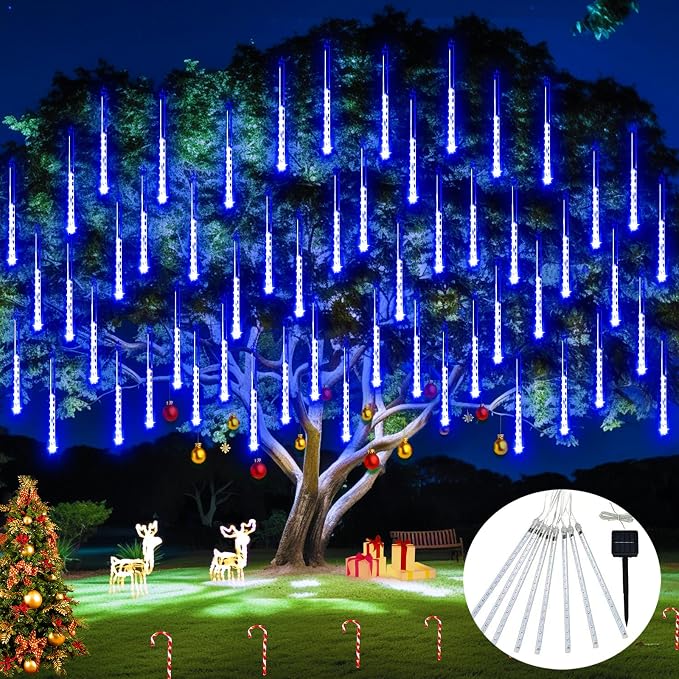 JMEXSUSS Solar Lights for Outdoor Decor, Solar Meteor Shower Lights Outdoor | 8 Tube 144 LEDs , Hanging Blue Christmas Lights for Tree Yard Icicle Garden Patio Gazebo Eaves Front Porch Decor